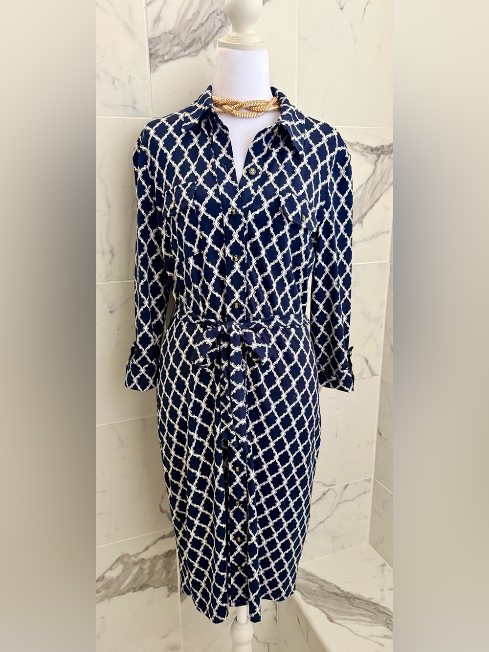 Charter Club Navy and White Geometric Tie-Waist Shirt Dress